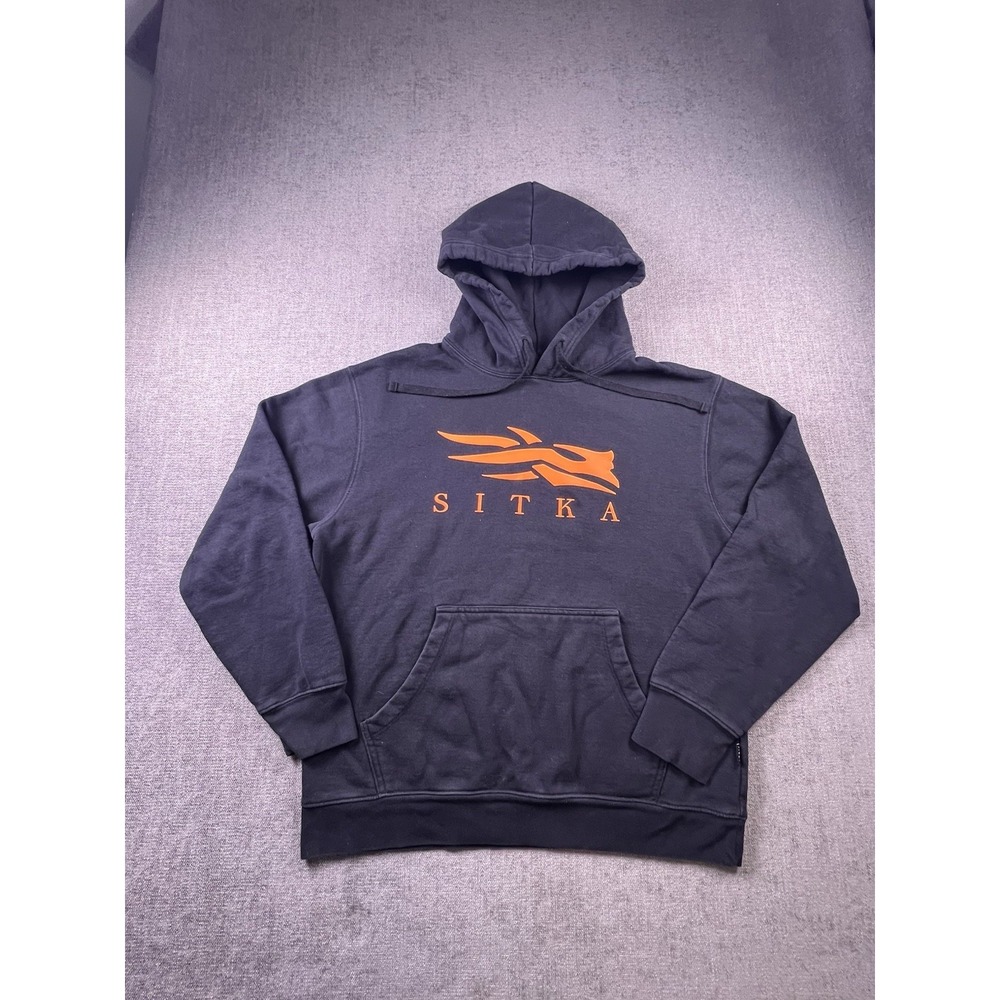Sitka Hoodie Black Orange Logo Print Front Side Men's L Hunting Outdoor Hiking